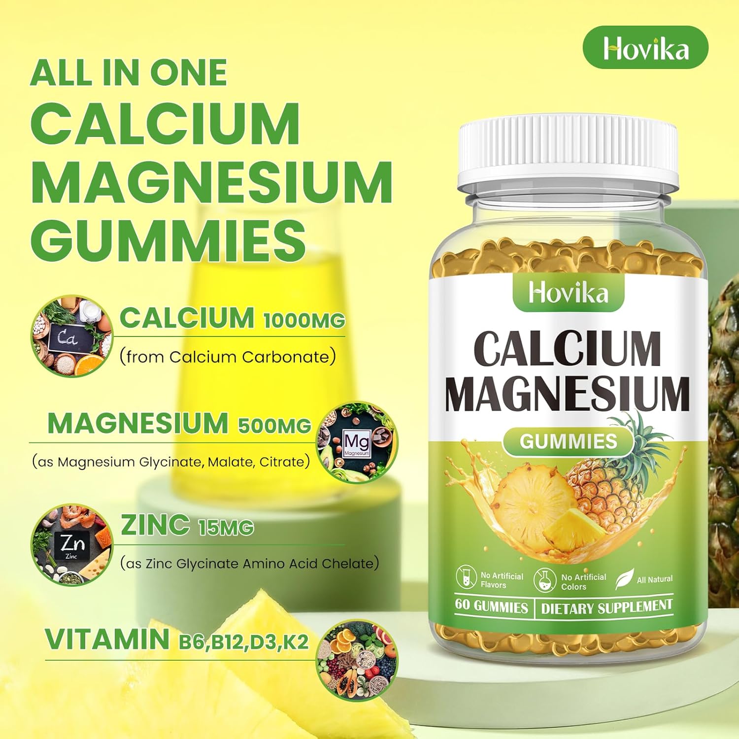 Calcium Magnesium Zinc Gummies, Calcium Magnesium 2:1 Ratio with Vitamin D3, K2, B6, B12 for Bone Strength, Muscle Function & Nerve Health, Extra Absorption Formula, Vegan, Pineapple Flavor 60 Gummies