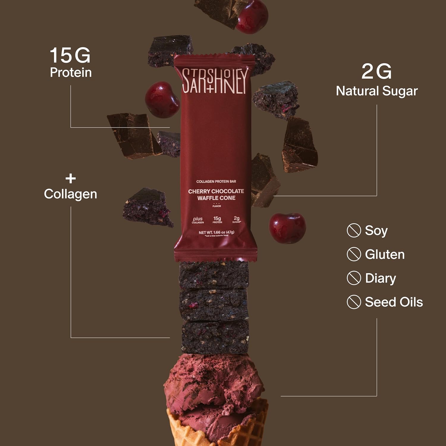 Stars + Honey Protein Bars - Cherry Chocolate Waffle Cone, 15g Protein, 2g Sugar, w/Collagen Keto Friendly Snack - Gluten, Dairy, Seed Oil, & Soy Free - High-Protein Snacks for Energy -10 pack