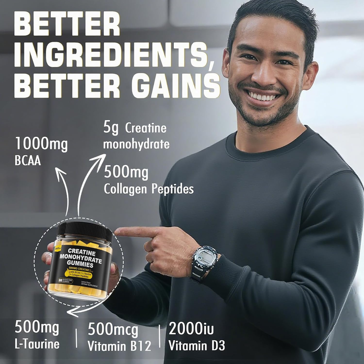 Creatine Monohydrate Gummies for Men & Women - with BCAA, Collagen Peptides, L-Taurine, Vitamin B12, D3, Chewables Creatine Monohydrate 5g Per Serving, Natural Lemon Flavor, Sugar Free, 2 Pack
