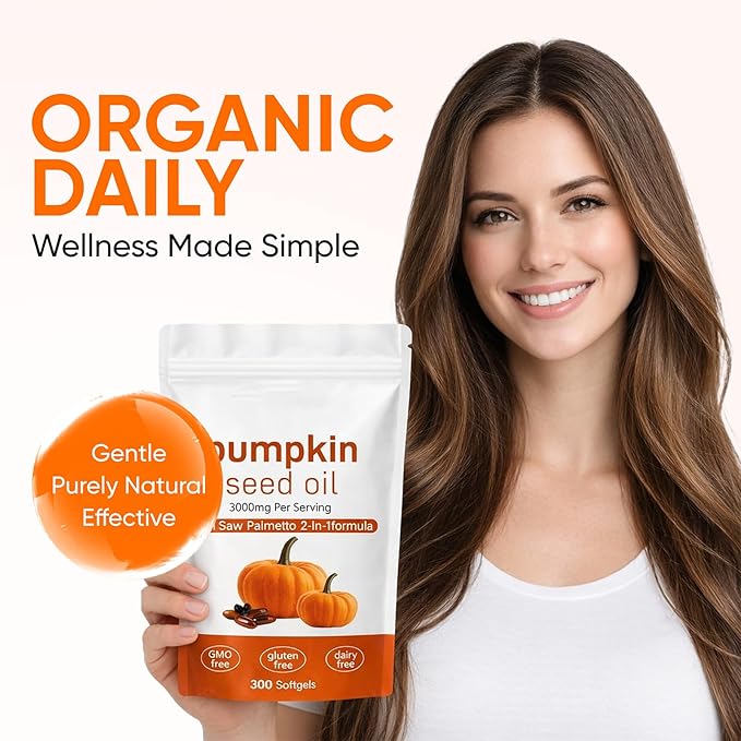 Pumpkin Seed Oil Capsules, 2 in 1 Pumpkin Seed Oil with Saw Palmetto for Hair, 3000mg Pure & Natural Supplement, Supports Hair Heart Skin Supplement, Non-GMO, Gluten Free, 300 Softgels (1)