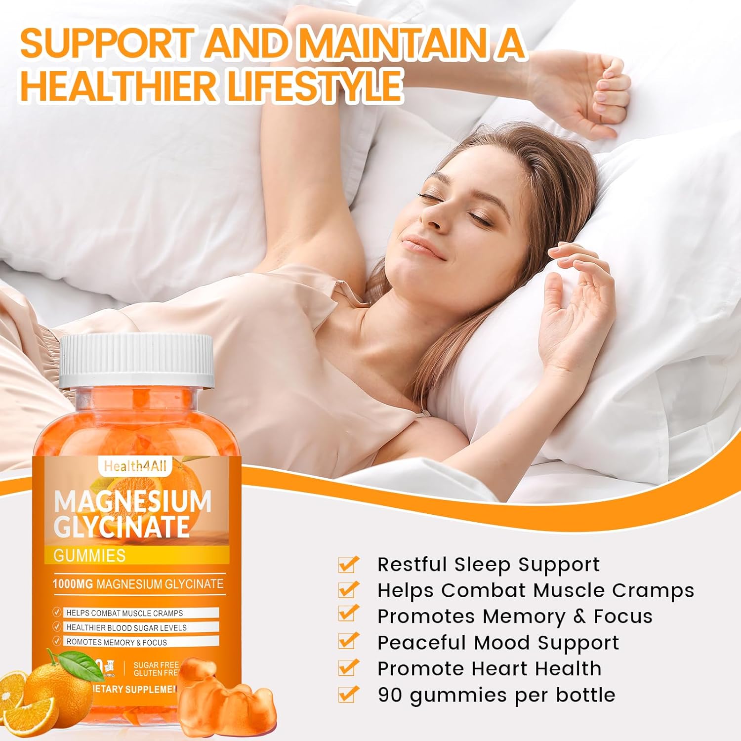 Magnesium Glycinate Gummies 1000mg, High Absorption Sugar Free Magnesium Potassium Supplement for Relaxation, Stress Relief, and Sleep Support for Adults & Kids - 90 Orange Gummies