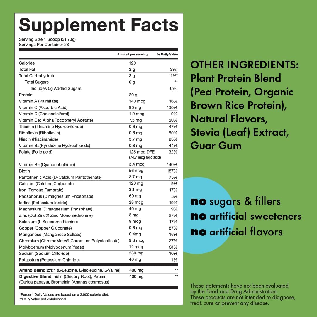 Kick Plant Protein Powder, Vanilla Flavor, 20 G Protein, Gluten Free Workout Supplement with Aminos Acids to Support Fitness Goals & Gut Health, No Sugar, No Artificial Flavors, 28 Servings