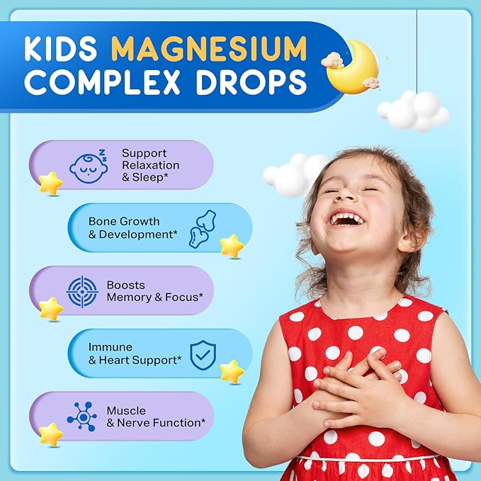 Magnesium Glycinate Liquid for Kids, Kids Magnesium Liquid Drops Supplement with L-Theanine, Calcium, Zinc, Vitamin D3 K2 for Sleep Calm Relaxation Brain Bones Focus, Grape Flavor 2 Fl Oz