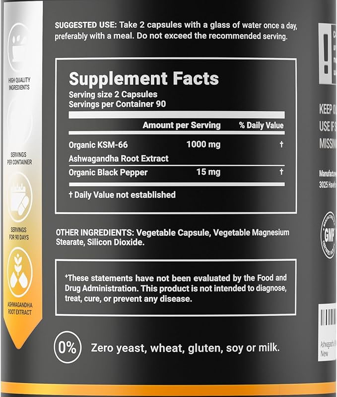 Organic Ashwagandha KSM-66 1000 mg Supplement | Adaptogen for Cortisol Support & Stress Relief | Mood, Calm & Sleep Aid for Men & Women | Ashwagandha ritual vitamins for women | 180 Vegan Caps
