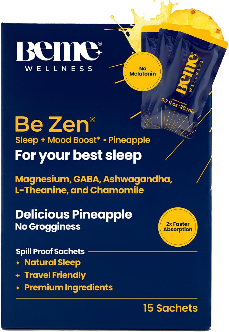 BeMe BeZen Sleep Aid Supplement Natural Without Melatonin - 2X Absorption Than Pills - Sleep aids for Adults with Magnesium, Ashwagandha, Chamomile, L-Theanine & GABA - Delicious Pineapple