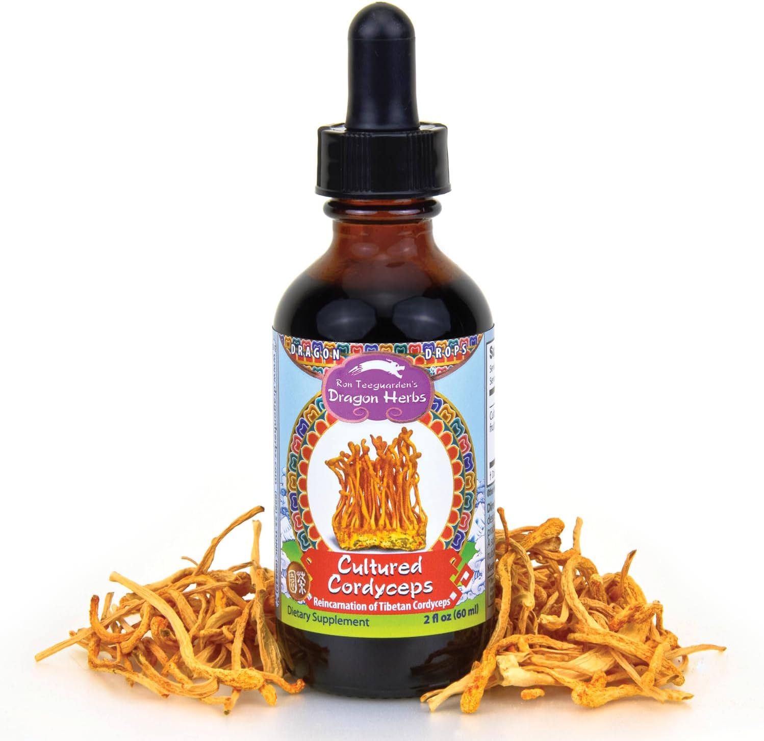 Dragon Herbs Cultured Cordyceps Drops Tibetan Wild Strain • Mushroom Supplement • Deep Rejuvenation, Lung & Brain Power, Stamina • Triple Extractions • Cordycepin • Vegetarian, 2 fl oz 60ml • Tincture