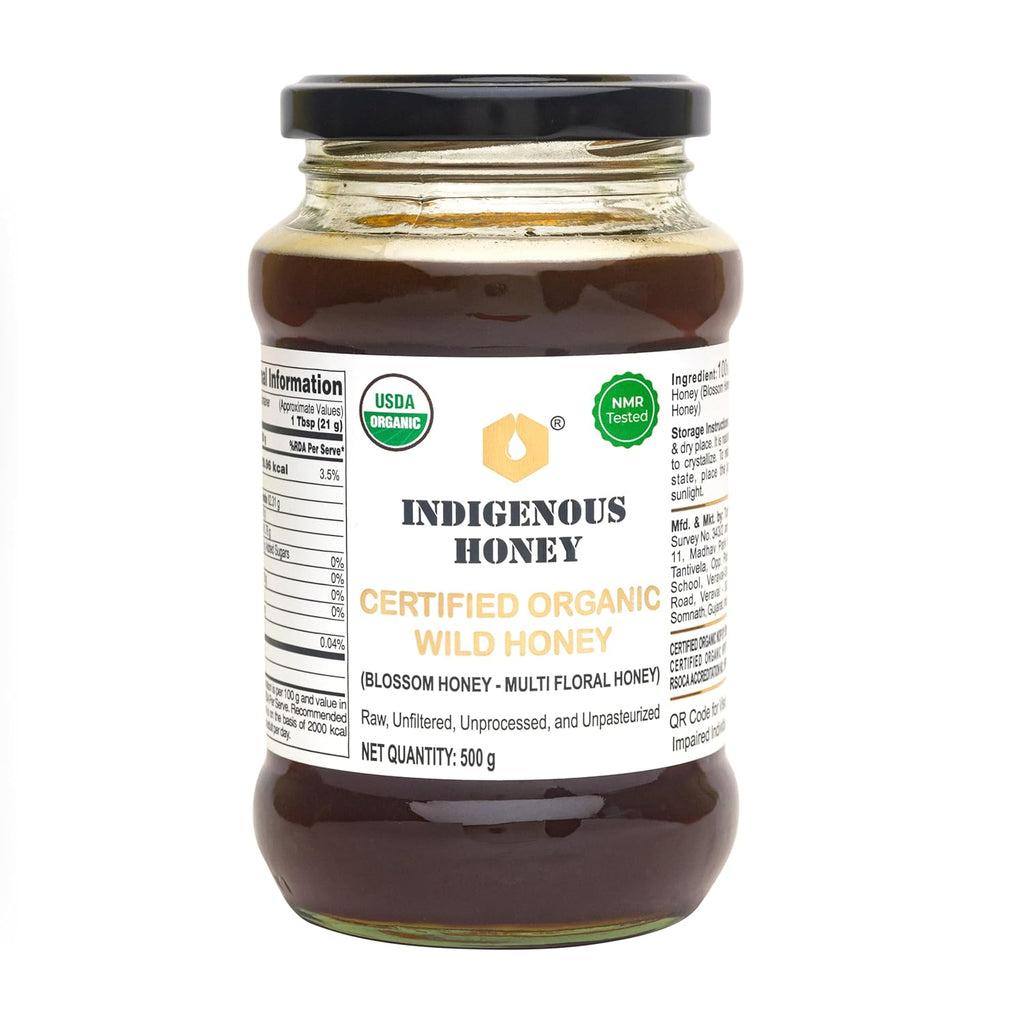 INDIGENOUS HONEY USDA Certified Organic Raw Wild Blossom Honey, Unfiltered Small-Batch Micro-Lot Harvest, Glass Jar, Single-Origin, 17.64 oz