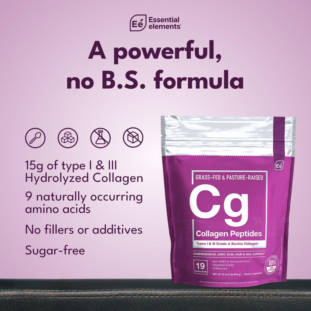 Essential Elements Hydrolyzed Collagen Powder - Joint, Skin, Hair, and Nail Support | Types I & III Peptides | Preservative-Free, Grass-Fed, Hormone-Free, Dissolves Easily (2-Pack)