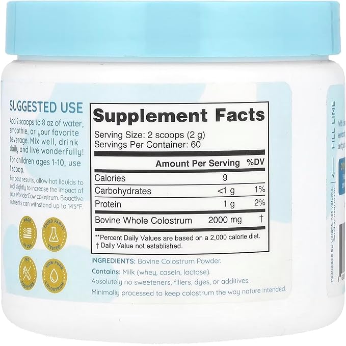 WONDERCOW Colostrum Supplement Powder for Gut Health, Immune Support, Muscle Recovery & Wellness | Natural IgG Pure Whole Bovine Colostrum Superfood, Unflavored, 60 Servings