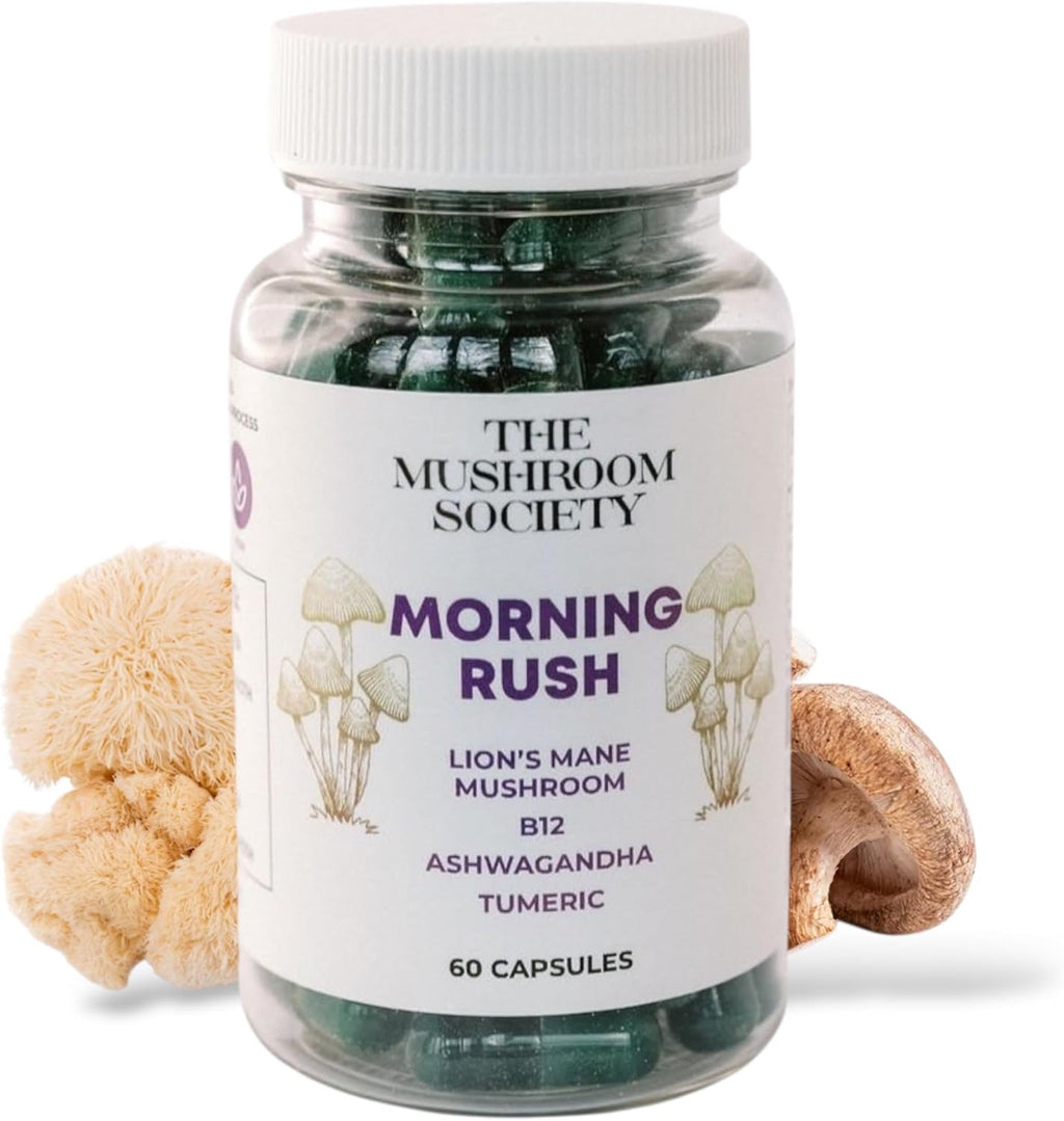 Morning Rush - Lion’s Mane, Ashwagandha, Turmeric & B12 Extract Blend Supplement - Focus & Energy Support - 60 Vegan Capsules