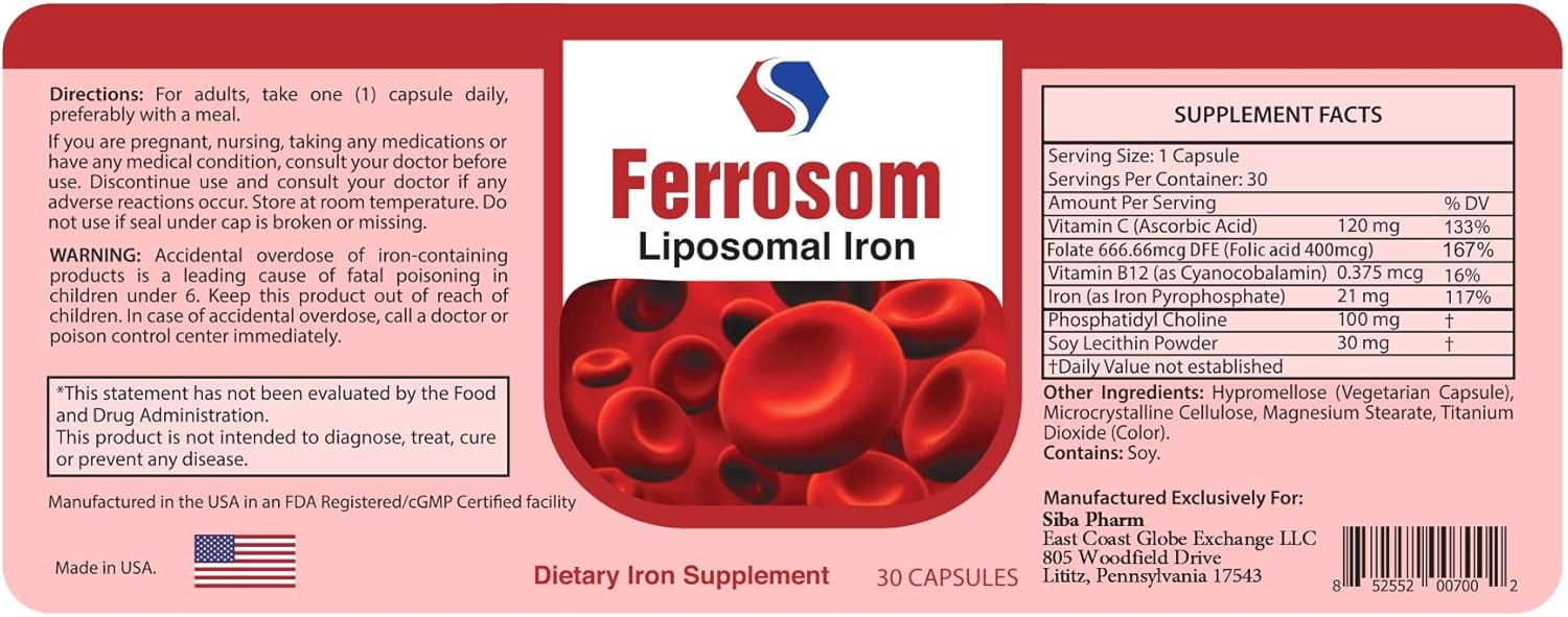 Liposomal Iron Supplements by Siba Pharm | Ferrosom Dietry Iron Vitamins Supplement | Rich in Vitamin C, B12, Folic Acid| Non GMO, Vegan, Premium Quality| Helps New Blood Cell Production | 30 Capsules