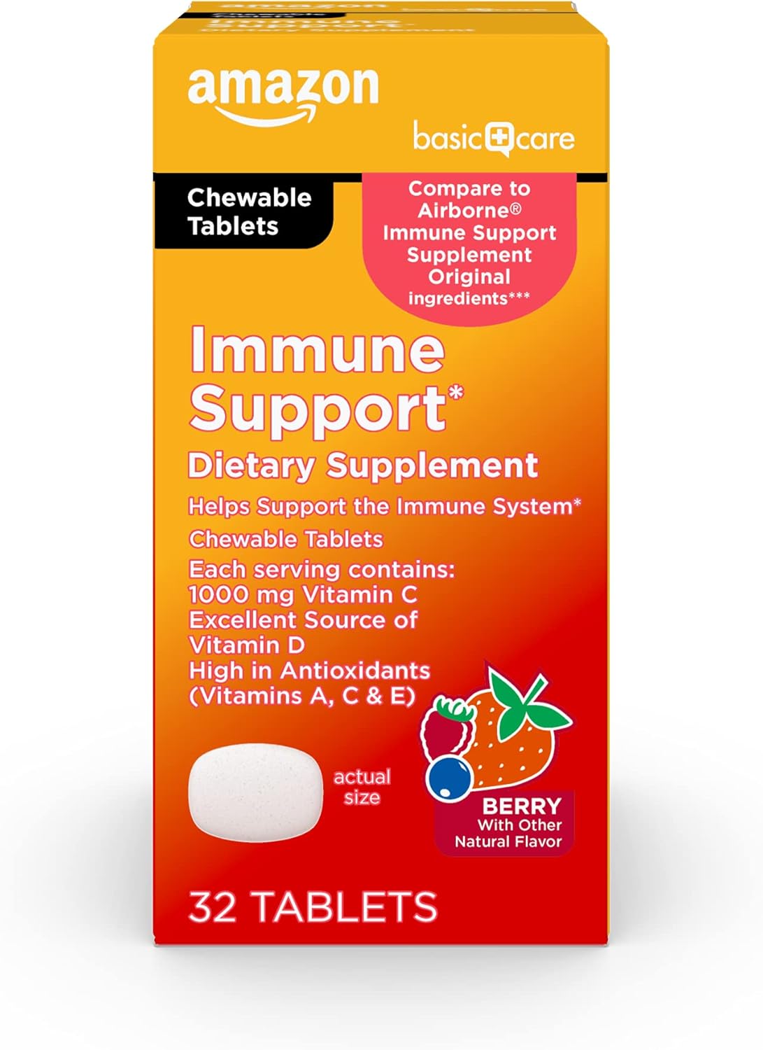 Amazon Basic Care - Immune Support Supplement, Berry Chew Tablets, excellent source of the body-essential sunshine Vitamin D, 32 Count