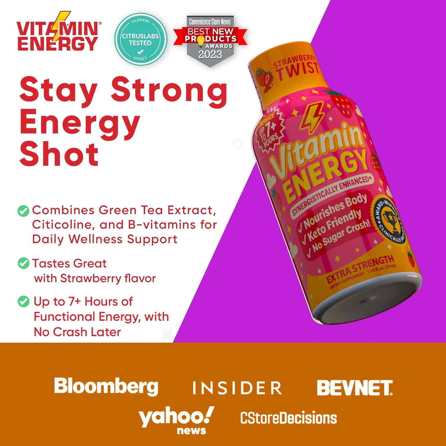 Vitamin Energy Immune+ Extra Strength Energy Shot Strawberry Twist 48 Pack, 260mg Natural Caffeine, B-Vitamins, Citicoline, Green Tea, Immunity & Focus Support, Zero Sugar, Gluten-Free 1.93 fl oz