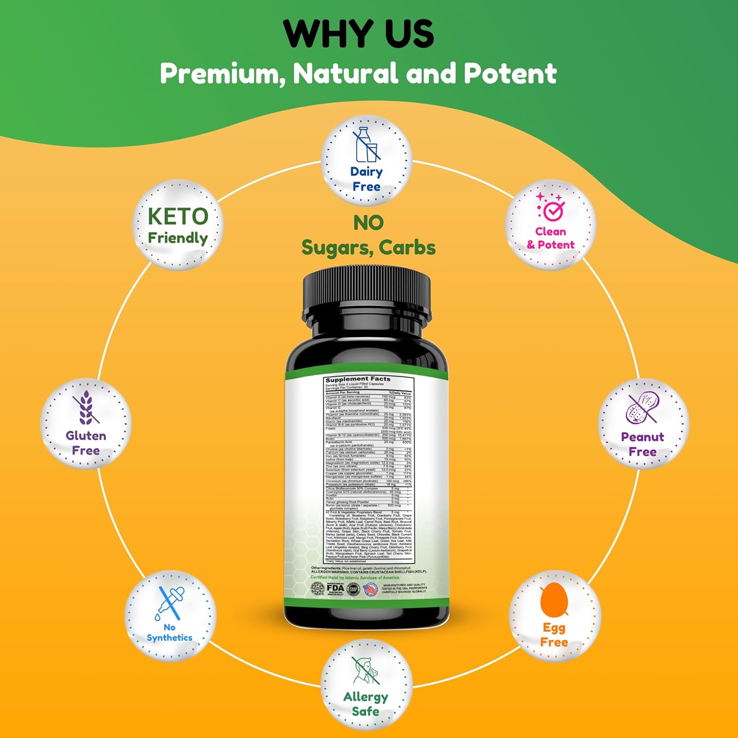 Halal Multivitamins for Women, Men & Adults, 30 Servings | Iron, Vitamin A, B6, B12, Biotin, Niacin, C, D3, E, Zinc, Calcium, Folic Acid, CoQ10 | Halal Vitamins