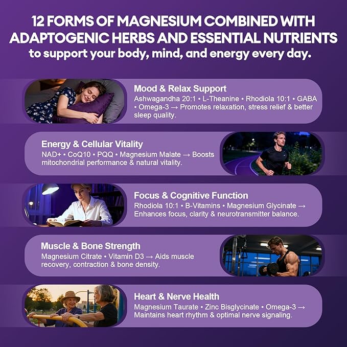 Magnesium Complex w/Magnesium Glycinate, Malate, Citrate | 24-in-1 Magnesium Supplement w/Ashwagandha, L-Theanine & NAD+ | Supports Calm, Energy, Muscle & Sleep | Non-GMO, 120 Vegan Caps