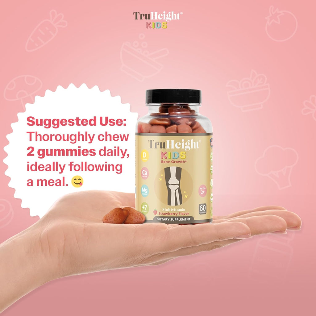 TruHeight Kids Bone Growth Gummies (Strawberry, Ages 2+) All Natural Kids & Toddler Vitamins - Vitamin D, Calcium, K2, Magnesium Multivitamin - Natural Growth & Development, Builds Strong Bones, Vegan