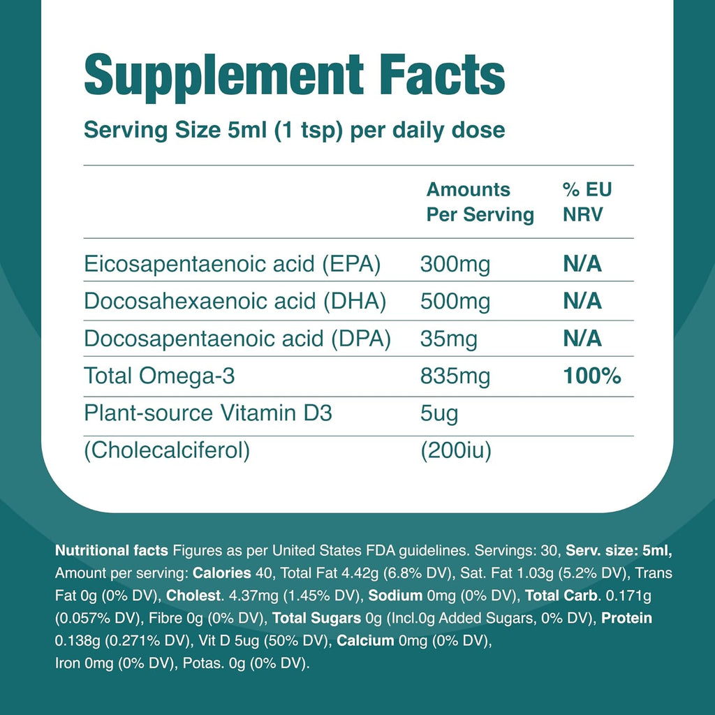 Vegan Omega 3 Liquid, from Microalgae, 800mg of EPA DHA, with Vitamin D3, Supports Heart, Brain and Eye Health, Natural Fish Oil Alternative, UK Made, Unflavoured