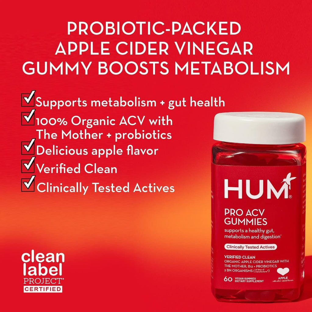 HUM Pro Apple Cider Vinegar Gummies with Probiotics for Digestive Health & Gut Health,100% Organic Apple Cider Vinegar with Mother Gummy Vitamins, Vitamin B12 for Energy Support, 60 ACV Gummies