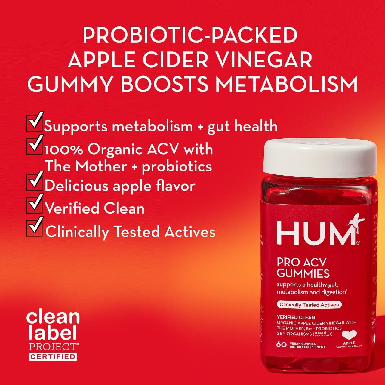 HUM Pro Apple Cider Vinegar Gummies with Probiotics for Digestive Health & Gut Health,100% Organic Apple Cider Vinegar with Mother Gummy Vitamins, Vitamin B12 for Energy Support, 60 ACV Gummies