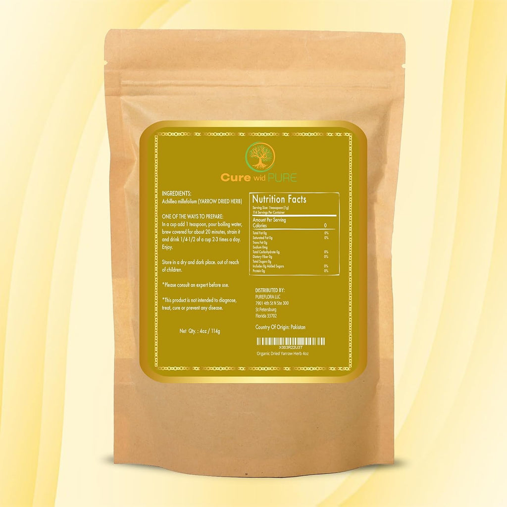Cure wid Pure Organic Dried Yarrow Herb - 4 oz Non-GMO Cut & Sifted Yarrow Flower - Organic Yarrow Tea for Wellbeing