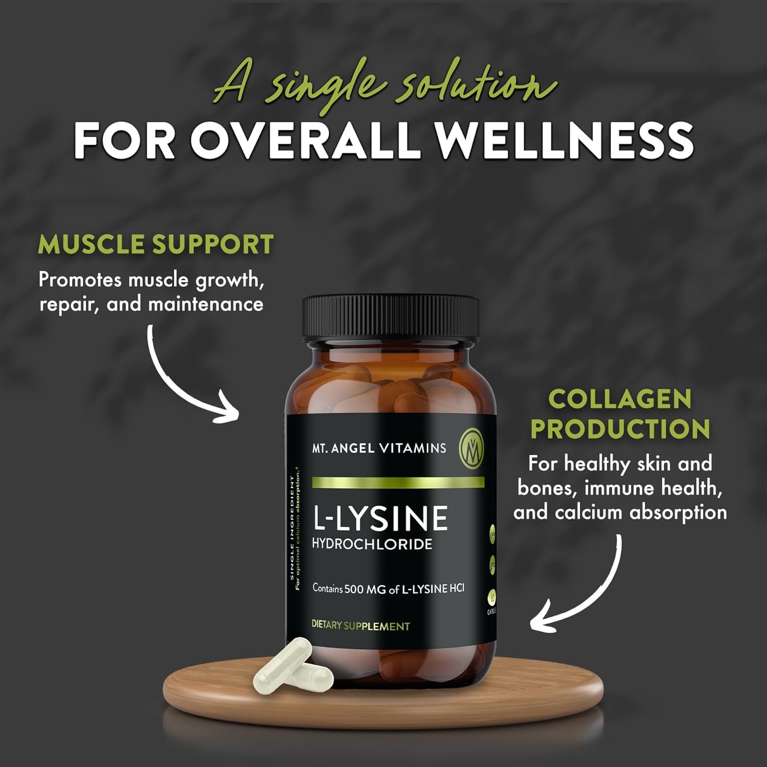 Mt. Angel Vitamins - Premium L-Lysine 500mg Capsules – Vegan-Friendly Essential Amino Acid – Supports Immune System & Collagen Formation – Non-GMO – 60 Capsules