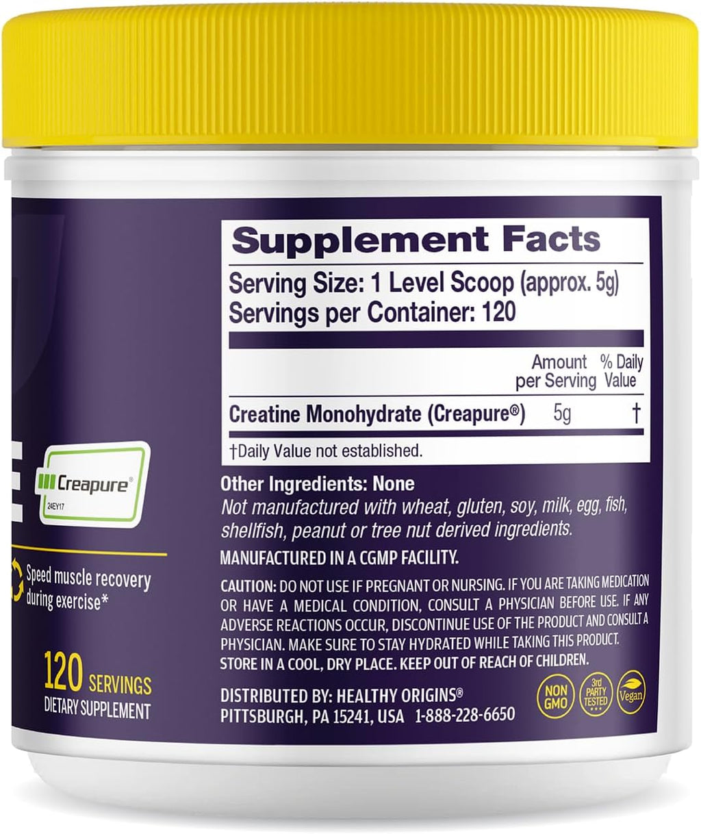 Healthy Origins® Performance Creatine with Creapure®, Unflavored Micronized Powder, Supports Muscle Function, Energy & Recovery, 21.2oz (600g), 120 Servings