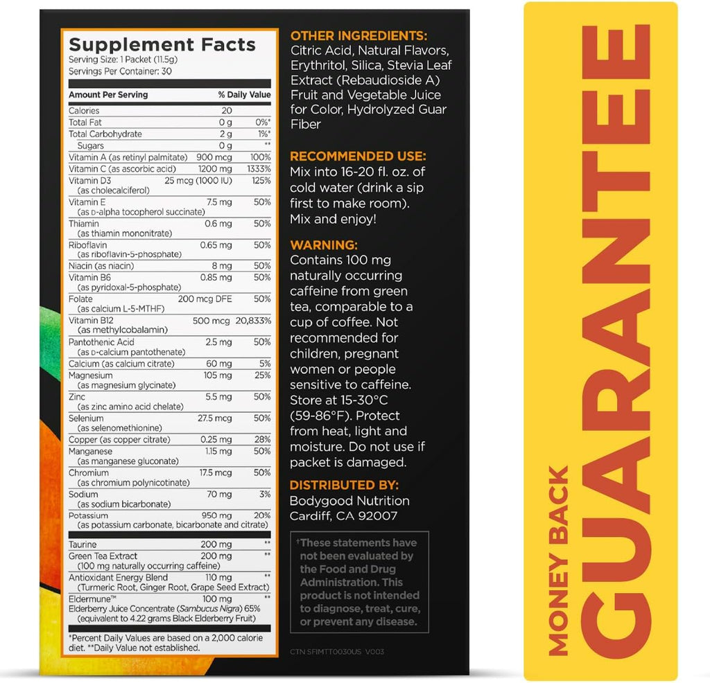 Pureboost Immune Clean Energy Booster, Refreshing Energy Drink Mix and Immunity Supplement with Elderberry, 1,200 mg Vitamin C, Vitamins A + D, and Zinc. (Tangerine Twist, 30 Count)