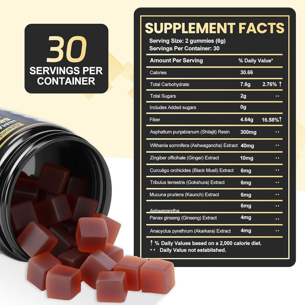 Pure Himalayan Shilajit Gummies with Ashwagandha - Fulvic Acid & 85+ Trace Minerals - No Added Sugar - Shilajit for Men & Women - 60 Gummy