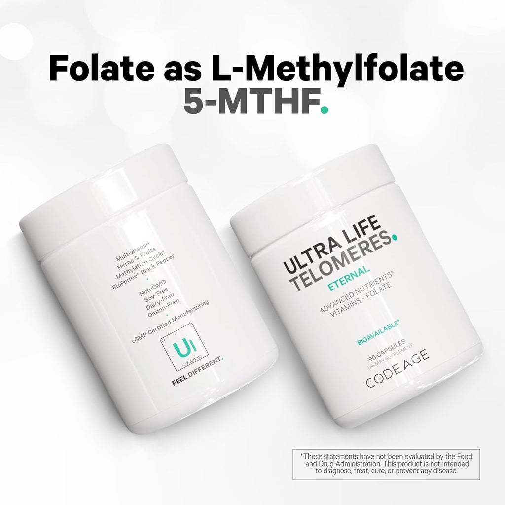 Codeage Ultra Life Telomeres Supplement - 5 MTHF Folate Vitamin B9, Vitamin B12 Methylcobalamin, Vitamin D3, L-Theanine, Ashwagandha - 3-Month Supply - DNA, Methylation Cycle - Non-GMO - 90 Capsules