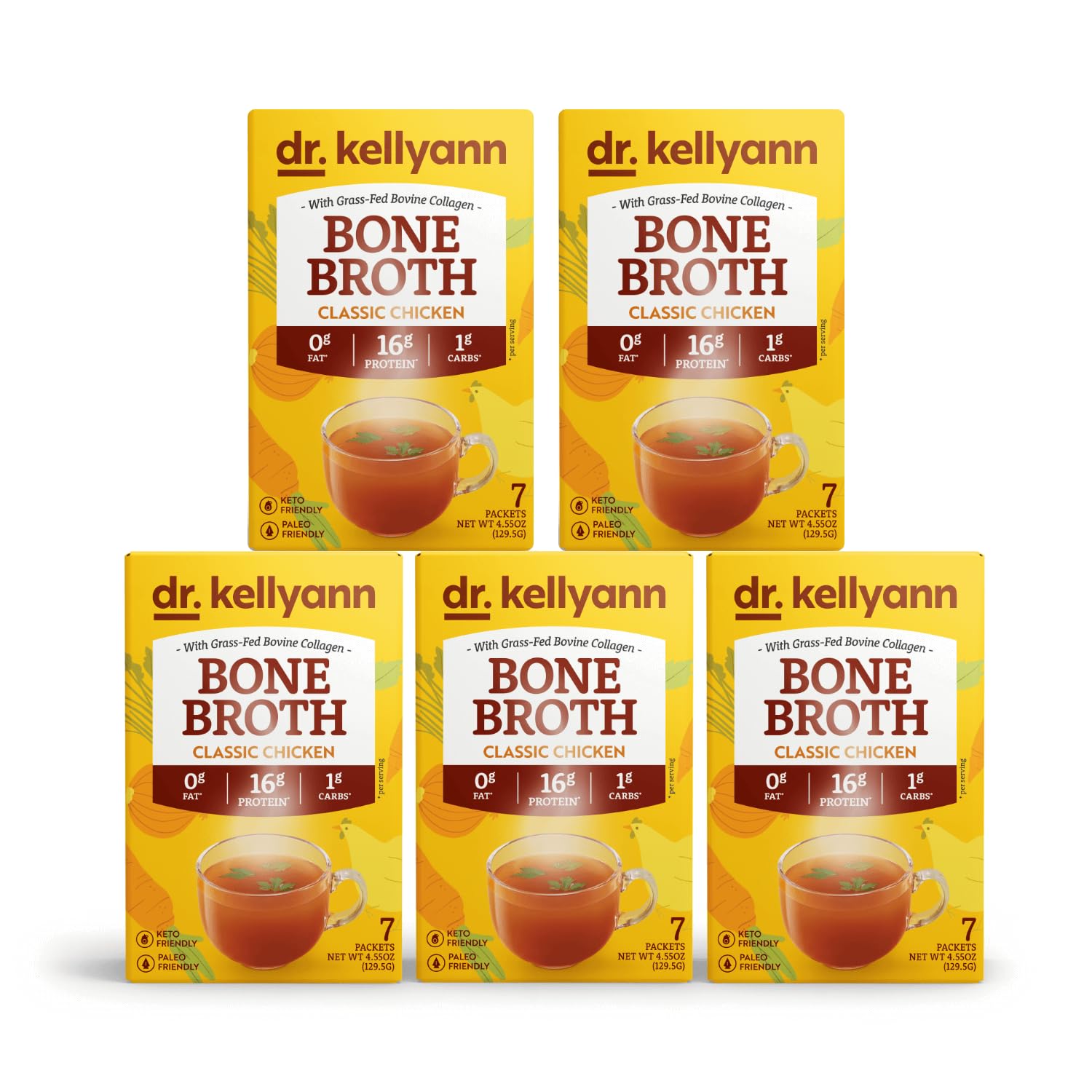 Dr. Kellyann Bone Broth Collagen Powder Packets (35 Servings) – Grass-Fed Hydrolyzed Collagen, Keto & Paleo-Friendly, 5 Pack