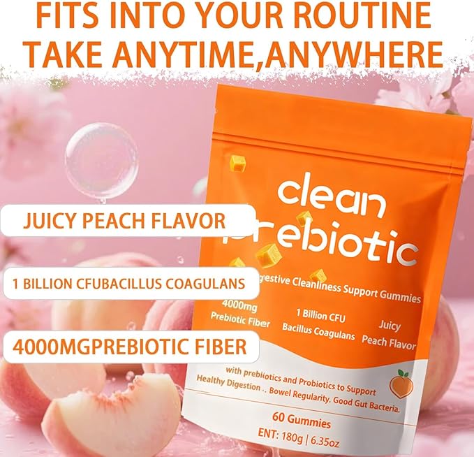 Clean Prebiotic Fiber Gummies for Men, Peach Flavor，Pre+Probiotic Fiber Gummies，Men's Digestive Cleaning Support Gummy,Men Prebiotic Supplement for Digestive Gut Health，60 Gummy
