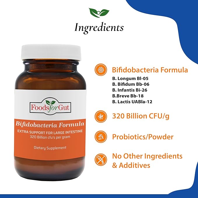 Foods For Gut Bifido Formula 320 Billion cfu's | Made in USA | No Additives | Direct from Manufacturer | No Third-Party Storage | Immune Support | May Help Leaky Gut Repair | 100 Gram (3.52 OZ)