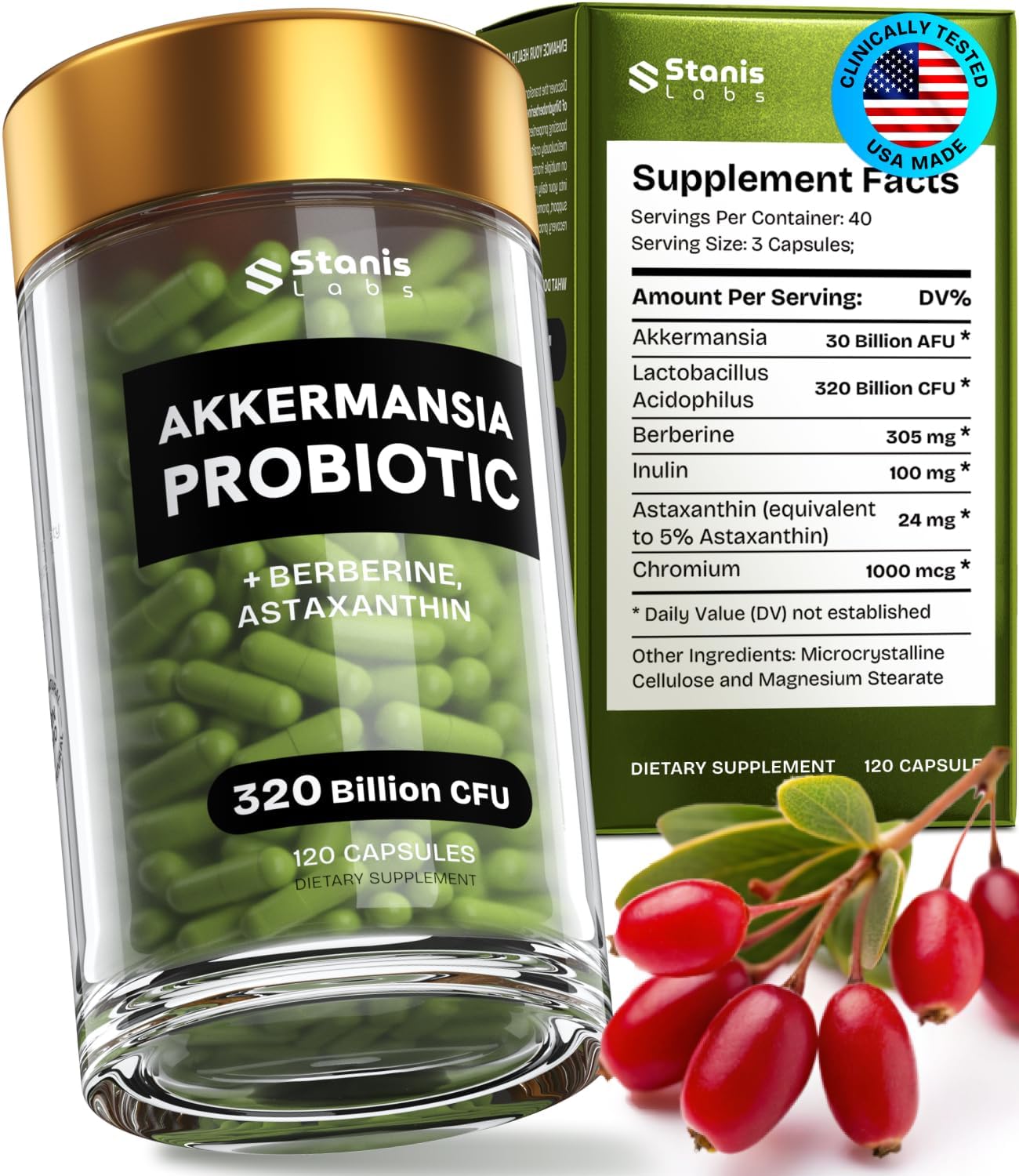 Akkermansia Muciniphila Probiotics 320 Billion CFU| Probiotic and Prebiotic | Akkermansia Probiotics for gut health | Inulin Prebiotic Fiber Capsules Astaxanthin & Berberine & Chromium 120 count