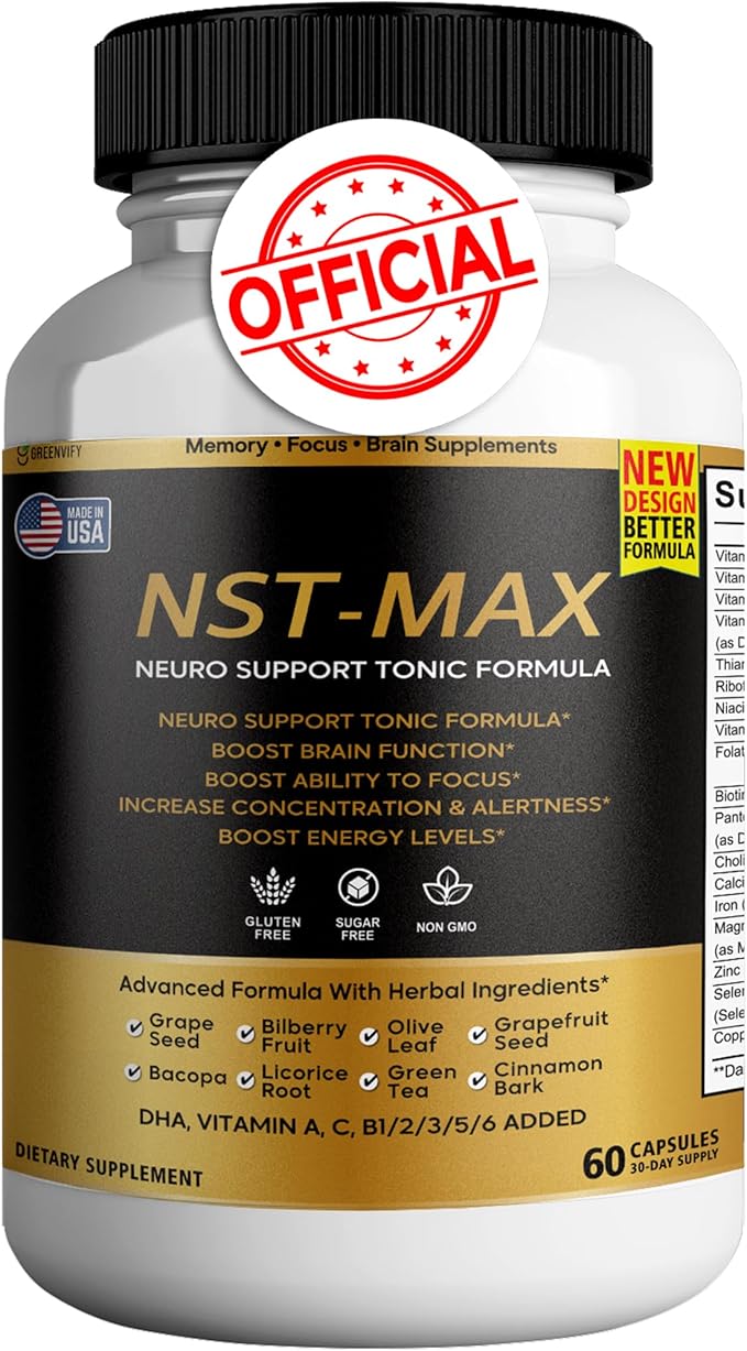 NST-Max Brain Booster | Nootropic Brain Supplements for Memory and Focus | Premium Natural Energy Supplement, Vitamins B6 & B12 | 60 Capsules