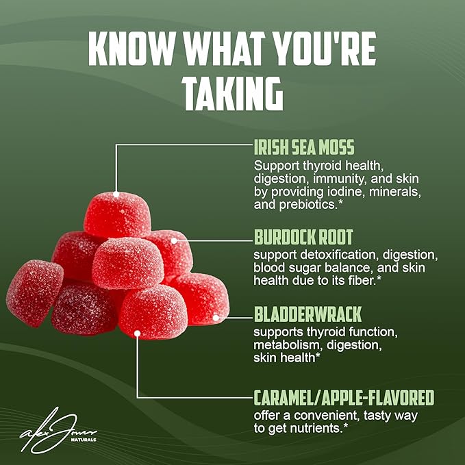 Ultimate Irish Sea Moss Gummies with Bladderwrack & Burdock Root – Sea Moss Bladderwrack Burdock Root – Caramel Apple Flavor – Plant-Based Mineral Blend – Vegan, Non-GMO – 60 Gummies
