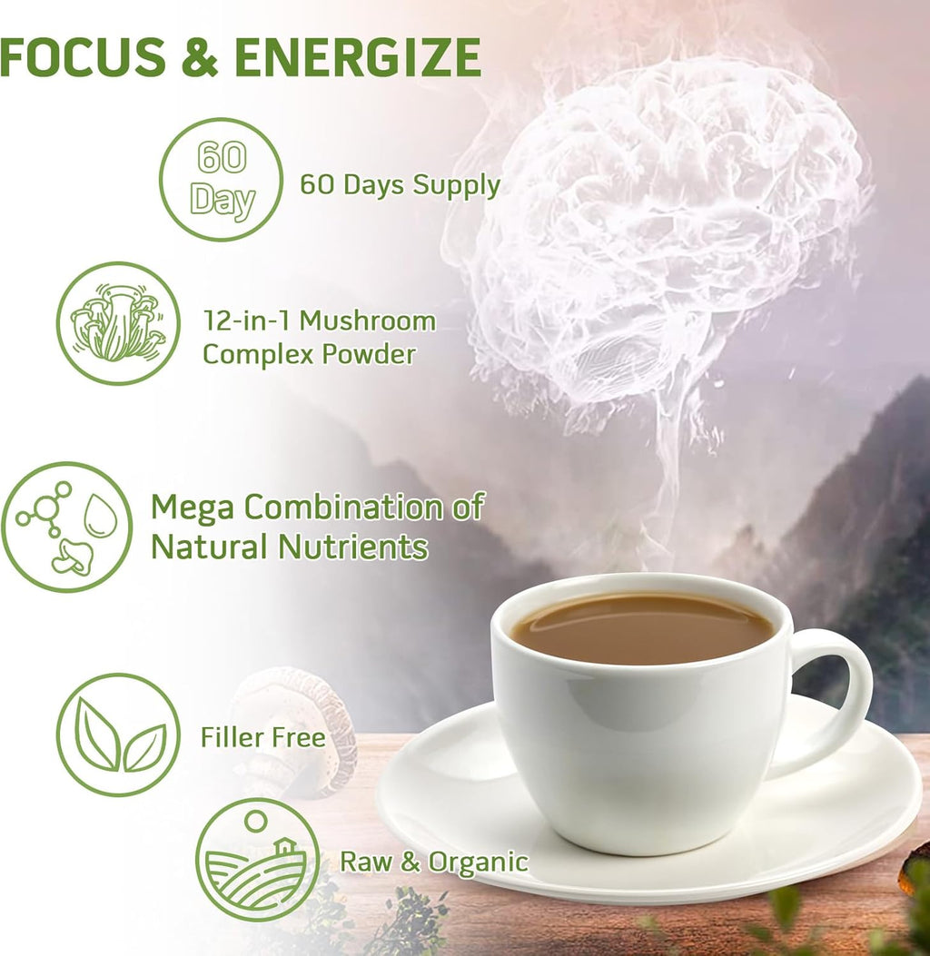 Mushroom Powder Mushroom Supplement - 10-in-1 Mushrooms Lions Mane Powder with Reishi/Cordyceps/Chaga/Turkey Tail/Maitake/Complex for Cognitive Function & Immune Support 60 Servings