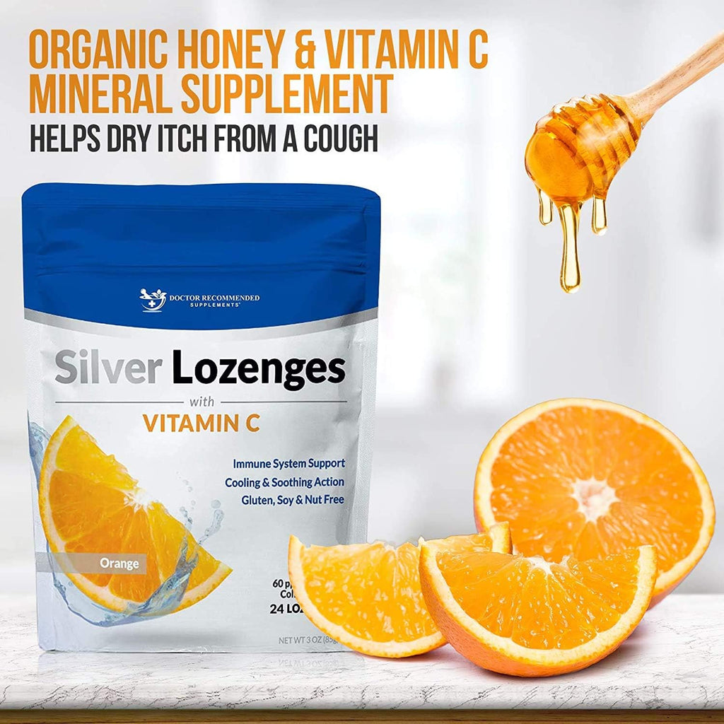 Silver Lozenges with Vitamin C - Premium Nano Silver 60 PPM Colloidal Silver, Organic Honey and Vitamin C Mineral Supplement Drops to Support Immune System, Soothe Cough & Throat - Pack of 2