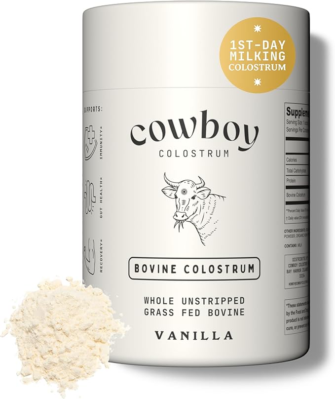 Cowboy Colostrum Powder - Bovine Colostrum Powder for Women & Men - First Day Milking Whole Colostrum - Grass Fed Colostrum Supplement for Gut Health, Immunity, Skin & Hair (Vanilla 40 Servings)