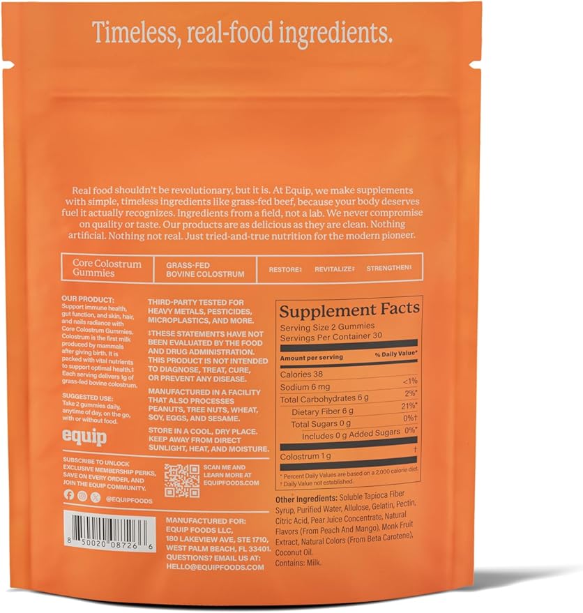 Equip Foods Core Bovine Colostrum Gummies, Delicious 1g Per Seving Grass Fed Colostrum Supplement - Gut Health, Immunity, Recovery, Hair & Skin - 60 Bovine Colostrum Gummies, 30 Servings, Peach Mango