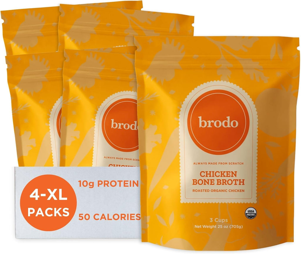 Brodo Organic Chicken Bone Broth, Protein-Rich Bone Broth with Collagen, Nourishing Chicken Broth Low Sodium for Sipping and Cooking, Slow-Simmered for Deep Flavor, (4x 25 oz. Pouches)