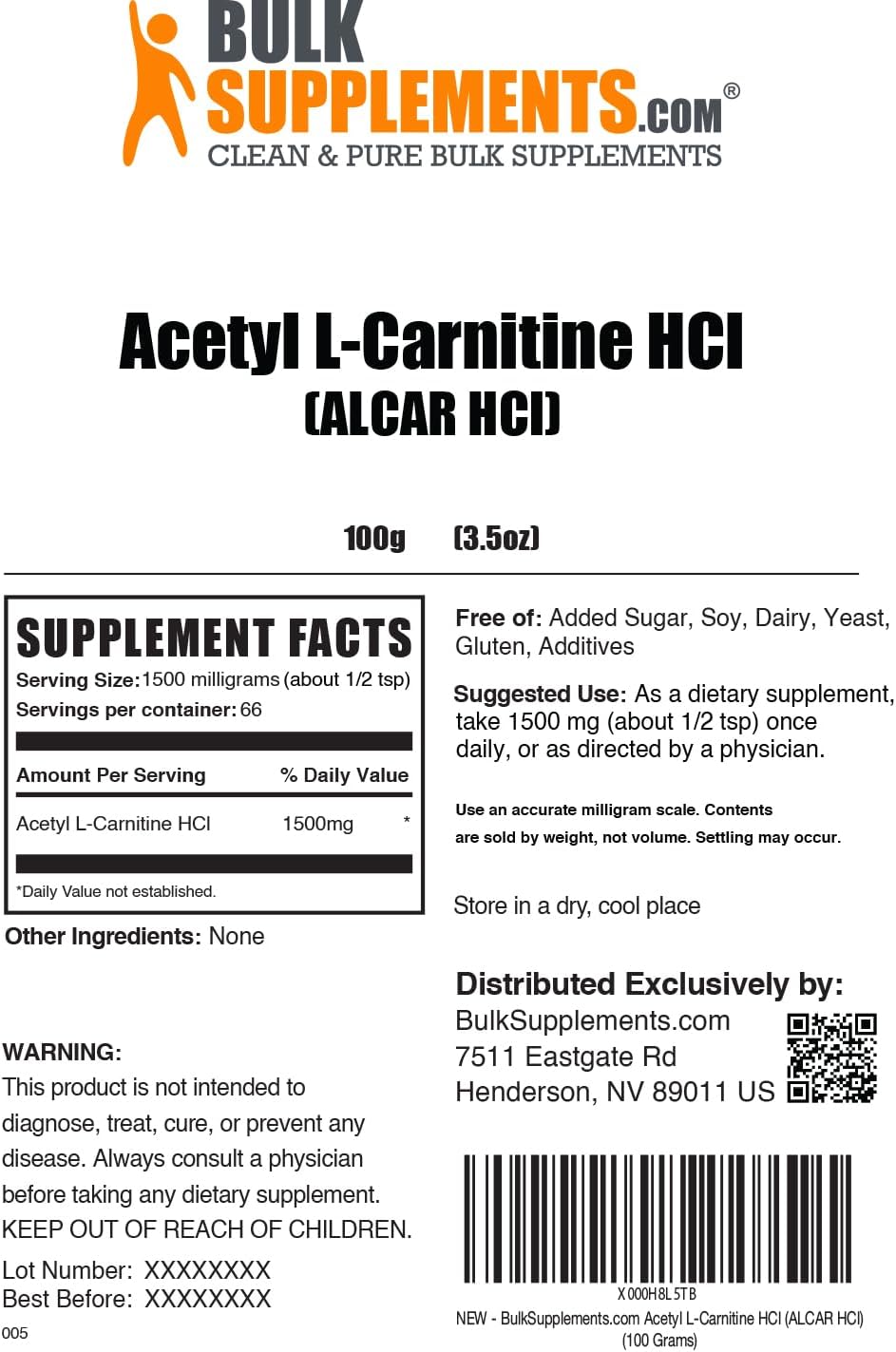 BulkSupplements.com Acetyl L-Carnitine Powder - as ALCAR HCl, Carnitine Supplement - Gluten Free, 1.5g per Serving, 100g (3.5 oz) (Pack of 1)