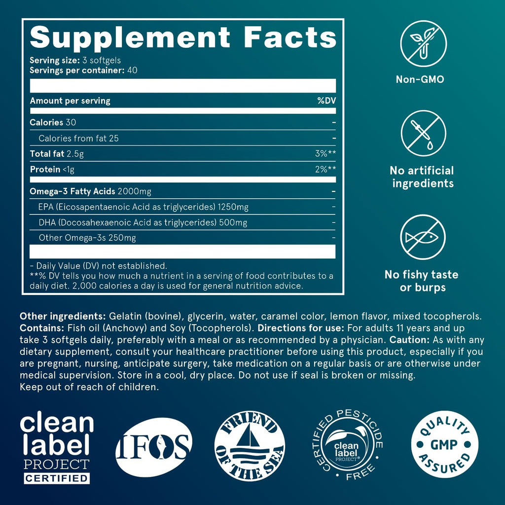 Puori Omega 3 Fish Oil - Ultra Pure 2000mg - 240 Softgels - Heart and Eye Supplement - Burpless, IFOS Certified, Non-GMO Capsules - O3-2000mg EPA 1250mg DHA 500mg