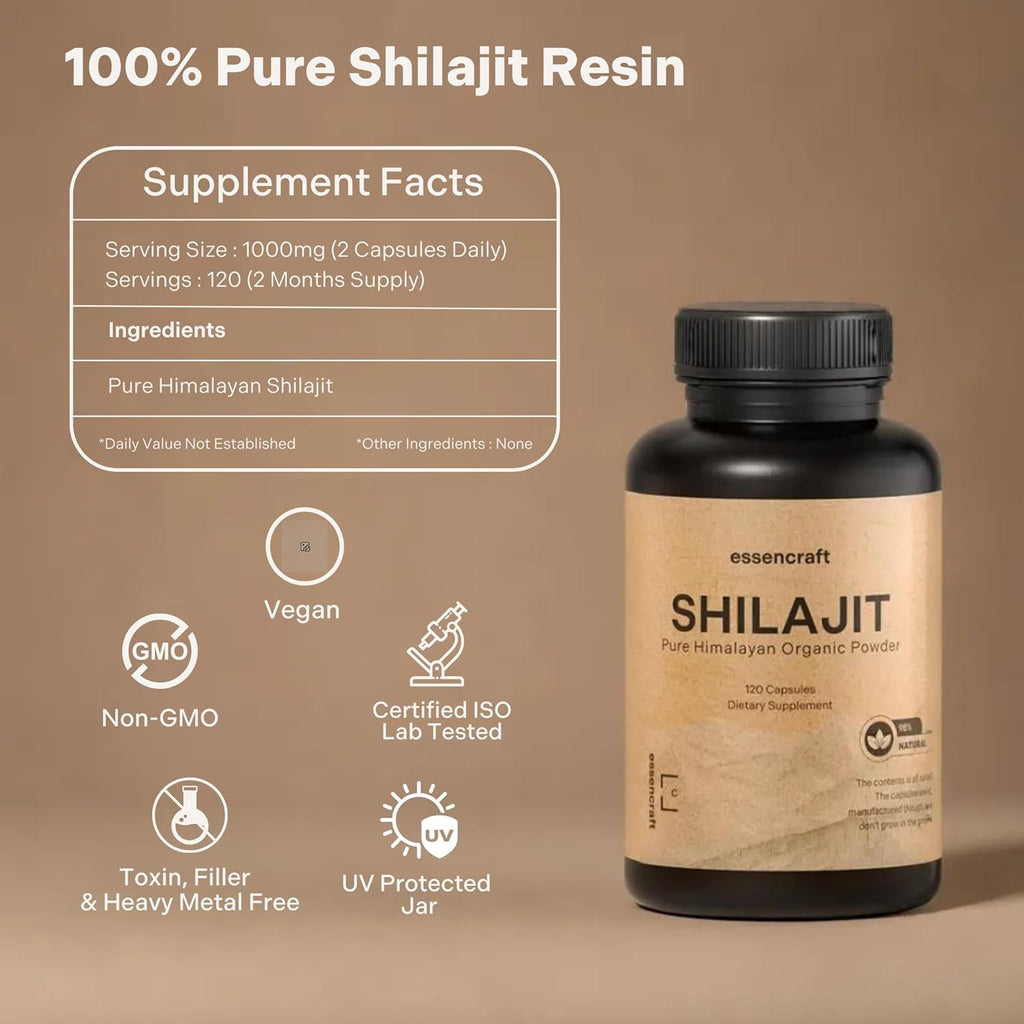 Organic Himalayan Shilajit Resin Extract - 1000mg Max Potency, Lab Tested Pure Shilajit for Men & Women, 85+ Trace Minerals Fulvic Acid, Immune Support, Energy, Cognition, 2 Month Supply, 120 Capsules