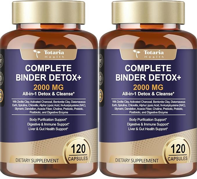 2Pack 2000MG Complete Binder Detox+ Activated Charcoal, Zeolite, Bentonite Clay, NAC, Milk Thistle, Probiotic, All-in-1 Detox & Cleanse Supplement, Liver & Gut Support, 240 Capsules