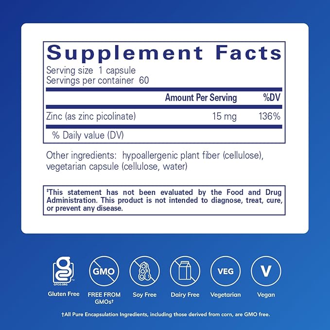 Pure Encapsulations Zinc 15 mg - Zinc Picolinate Supplement for Immune System Support, Growth & Development - for Wound Healing - 60 Capsules