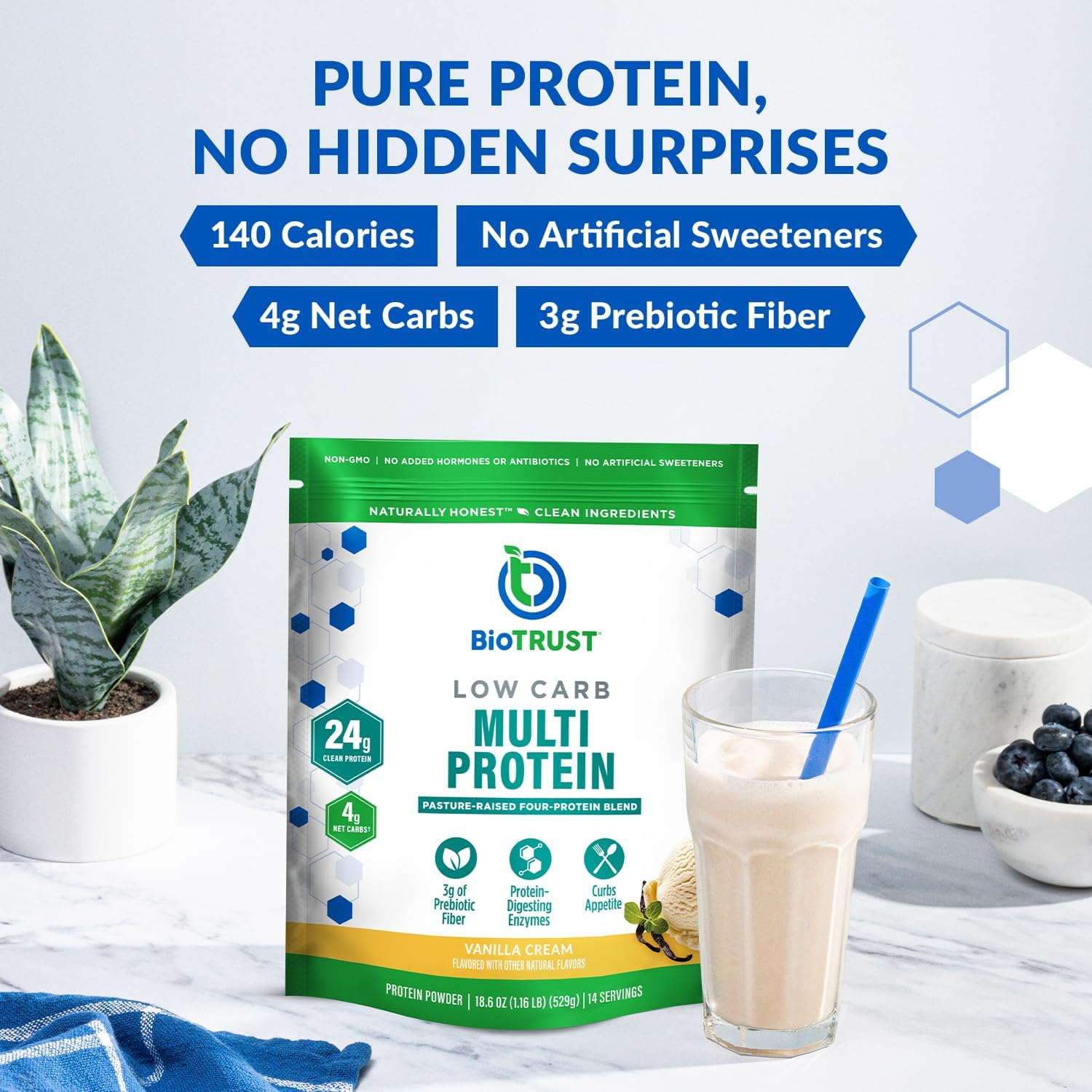 BioTrust Low Carb Protein Powder – Natural and Delicious Whey & Casein Blend from Grass-Fed Hormone Free Cows – Non GMO, Soy Free, Gluten Free, Hormone Free (Vanilla)