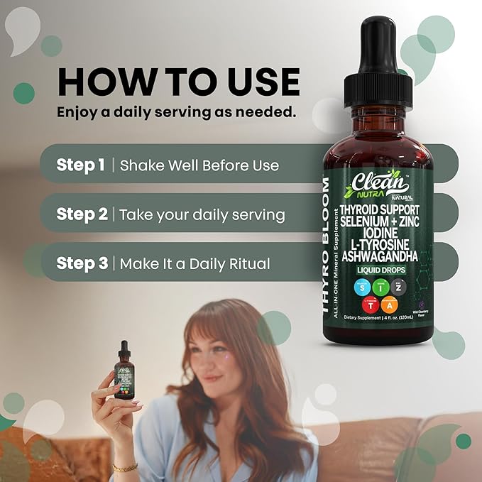 Clean Nutra Thyroid Support Drops Selenium Zinc Iodine L Tyrosine KSM66 Ashwagandha Vitamin D3 B12 A C Turmeric Kelp Schisandra Guggul Cayenne Basil Liquid Supplement Folate Copper Thyro Bloom Drop
