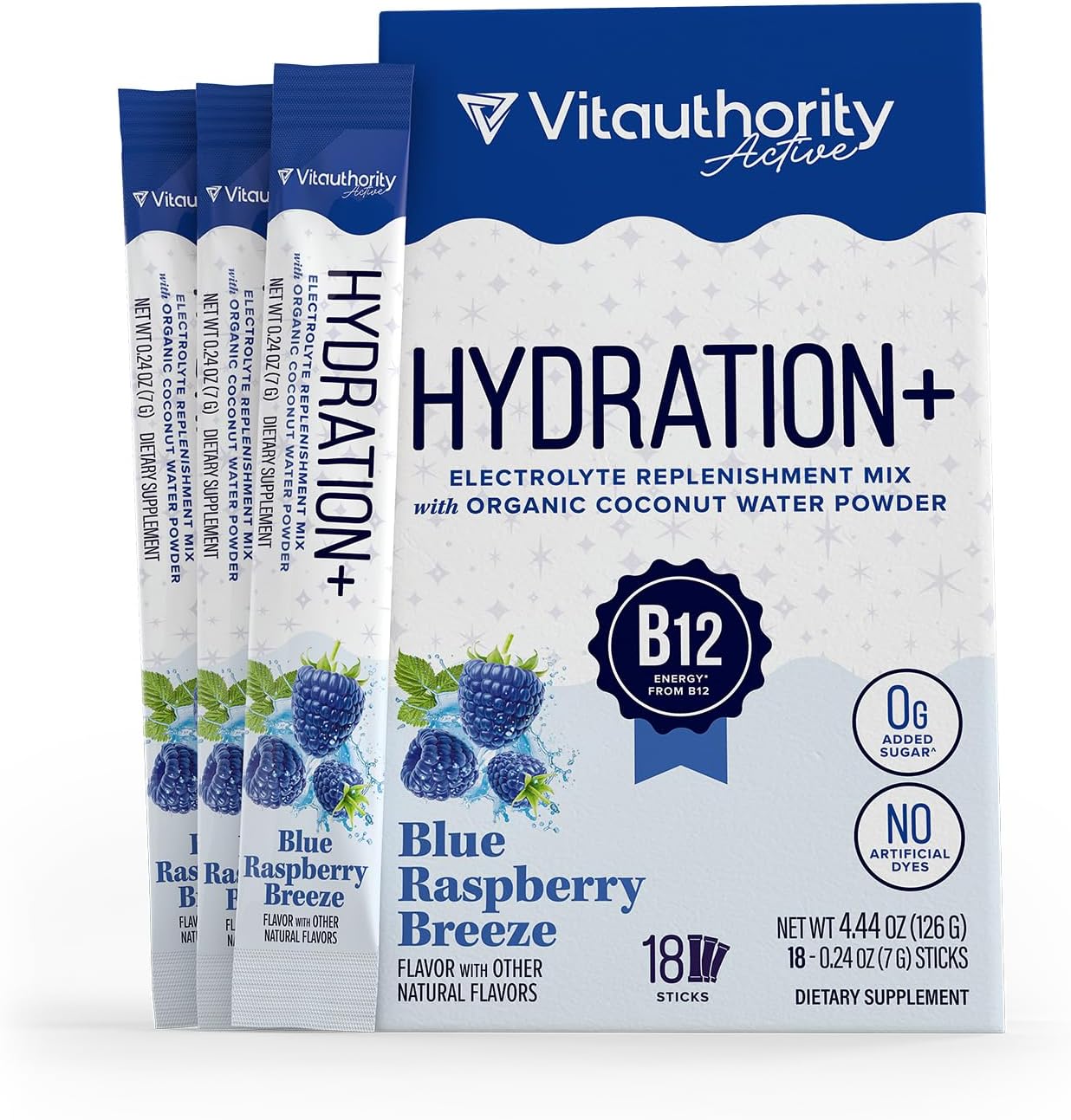 Hydration Electrolyte Powder Packets Blend Magnesium Calcium Sodium Potassium | Coconut Water + Vitamin C & B12 | Sugar-Free, Vegan, Non-GMO, Energy & Immune Support, 18 Servings Blue Raspberry Flavor