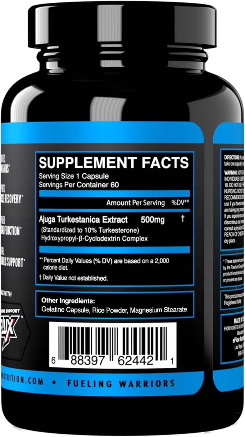 eFlow Nutrition Turkesterone Supplement for Men [Highest Purity] + Cyclodextrin for High Absorption - Increase Stamina, Lean Muscle Growth & Recovery, Boosts Drive - 3rd Party Tested (60 Capsules)