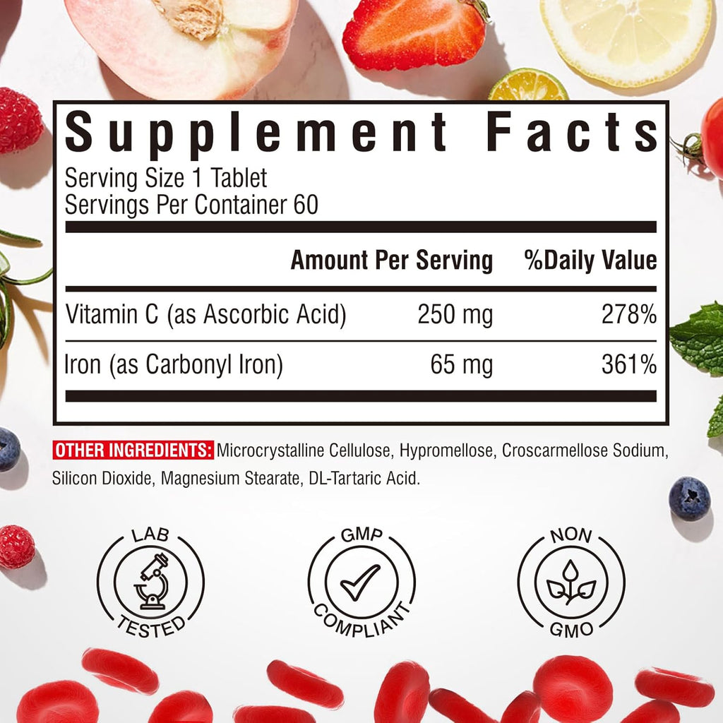 Iron Supplement, 65mg Carbonyl Iron with 250mg Vitamin C, Stomach Friendly Iron Pills for Blood Building Women & Men, High Absorption, No Nausea, No Constipation, Non-GMO, No Gluten, 60 Vegan Tabs